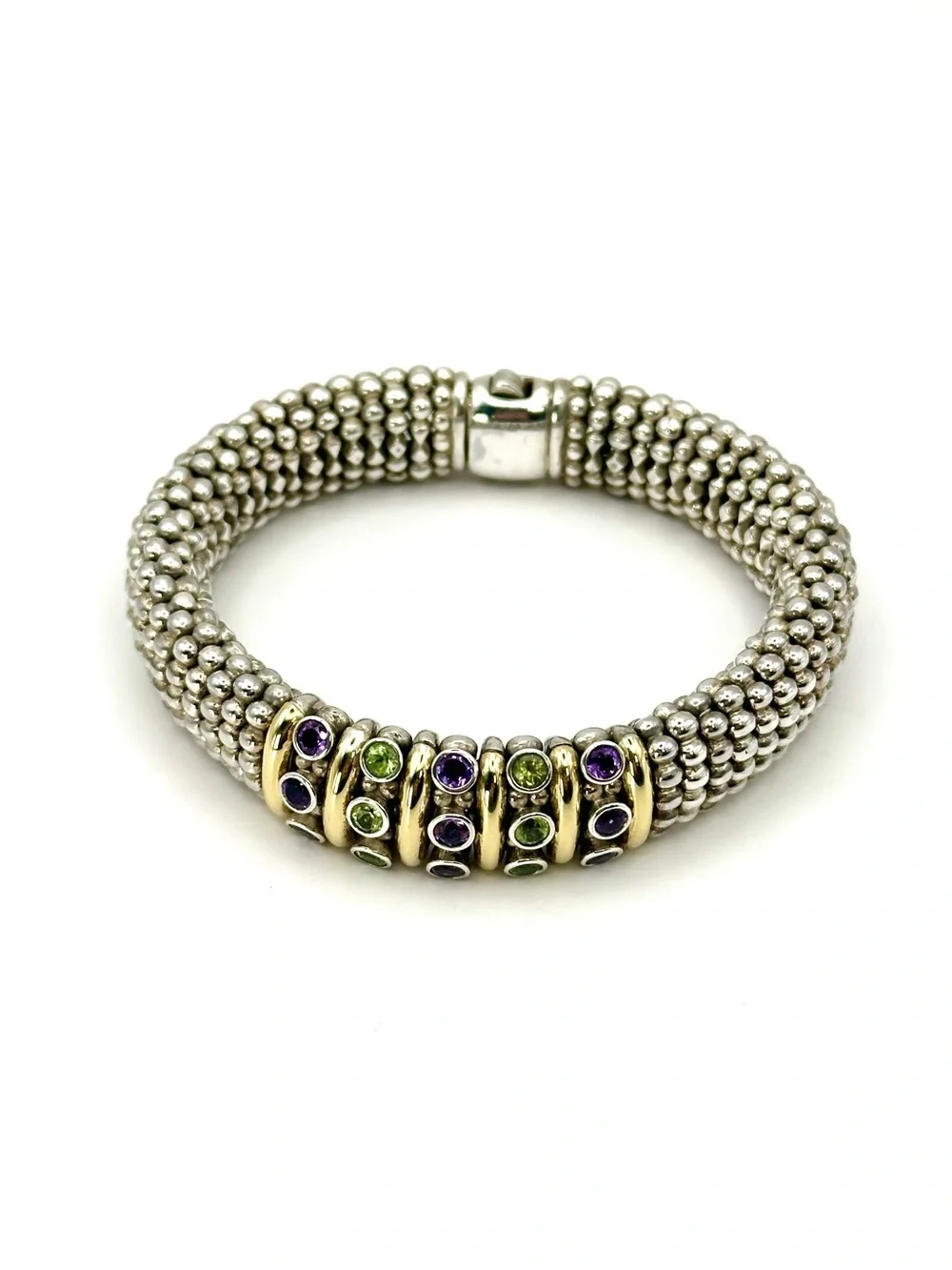 Lagos Caviar Amethyst, Peridot Gemstone Two Tone Central Station Bracelet